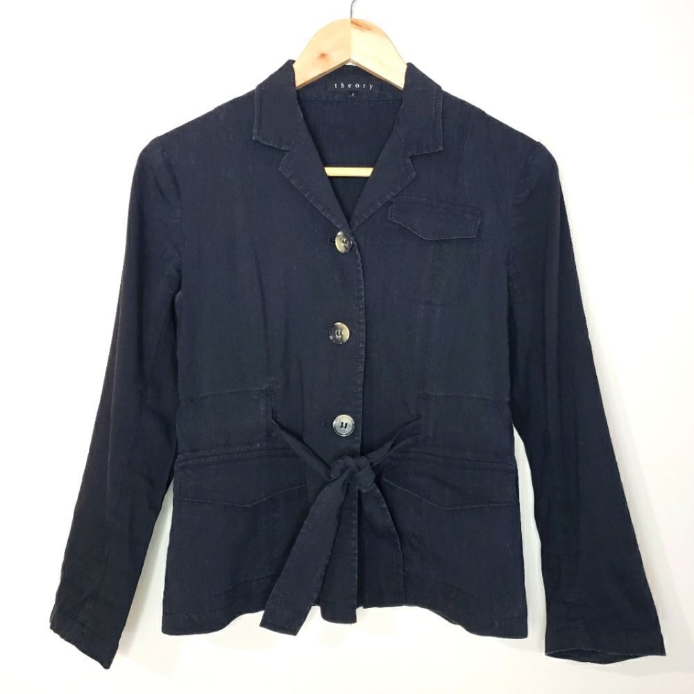 Theory Size 2 XSmall Black Linen Cropped Tie Waist Blazer Jacket